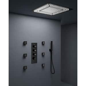 Thermostatic Valve 7-Spray 20 in. LED Ceiling Mount Dual Shower Head and Handheld Shower 2.5 GPM in Matte Black