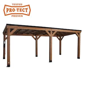 Arcadia 20 ft. x 9 ft. 6 in. All Cedar Wood Carport Pavilion Gazebo with Hard Top Steel Metal Roof and Electric, Brown