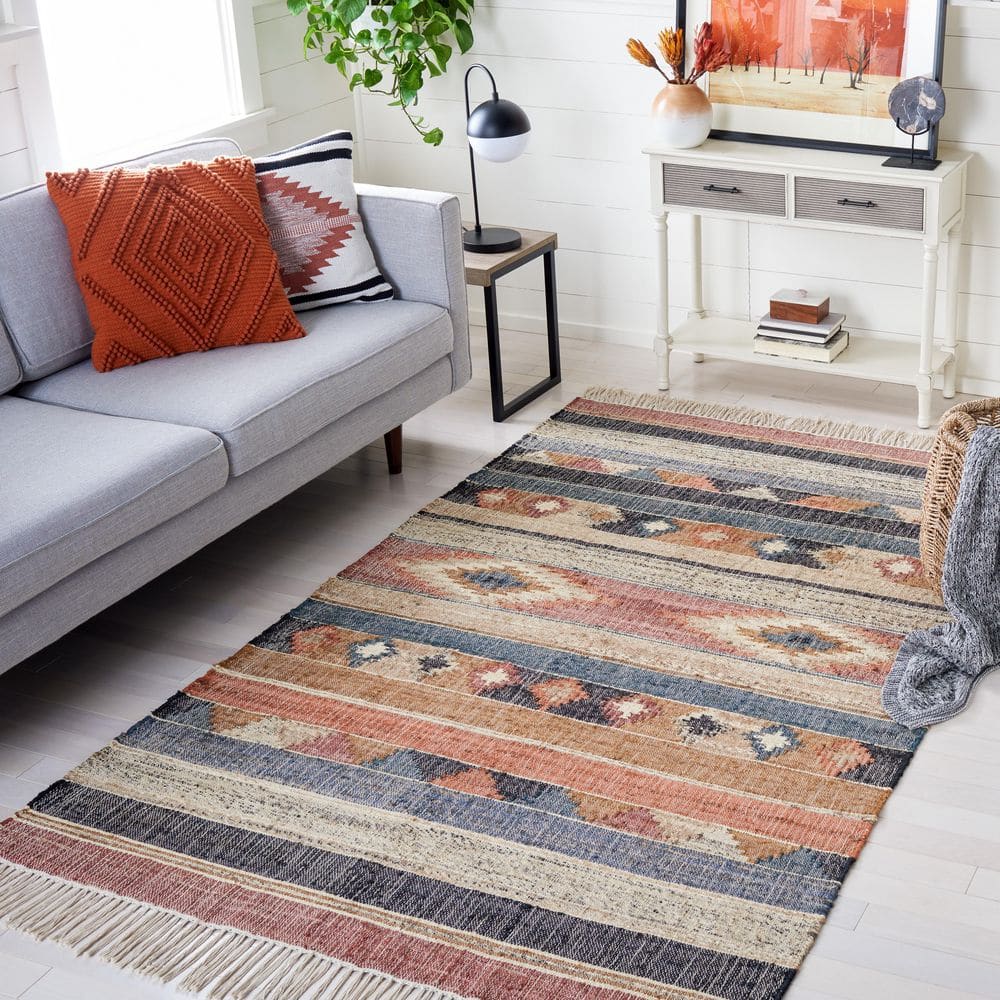 Blue and Rust Handmade Wool Cotton Kilim Rug, 5' x 8'