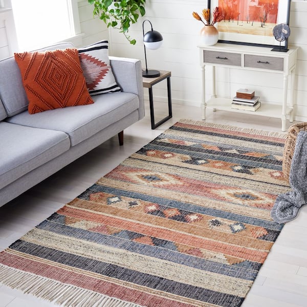 Kilim 6 ft. x 6 ft. Square Blue/Rust Distressed Aztec Area Rug