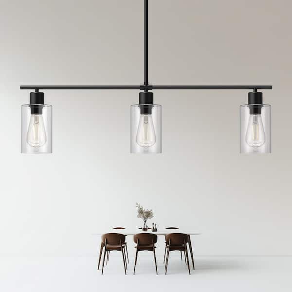 YANSUN 3-Light Black Industrial Modern Linear Kitchen Island Pendant with Clear Glass Shades for Dining Table