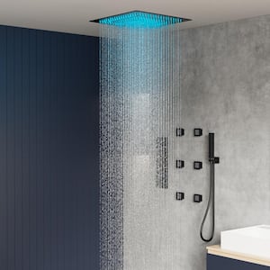 Thermostatic 7-Spray 20 in. Ceiling Mount Squre LED Mood Lighting Shower System in Matte Black(Valve Included)