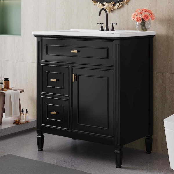 30 in. Freestanding Black Bath Vanity with White Ceramic Top,2-Drawers and Adjustable Shelf