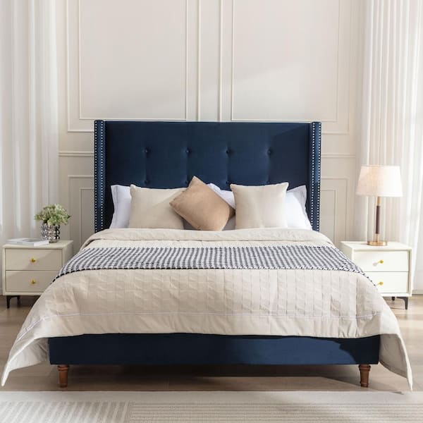 Noble House Peyton Blue Velvet Upholstery and Wood Frame Queen Platform Bed with Wingback