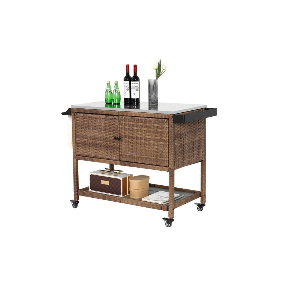 Outdoor Rolling Wicker Serving Cart, Patio Kitchen Island with Stainless St