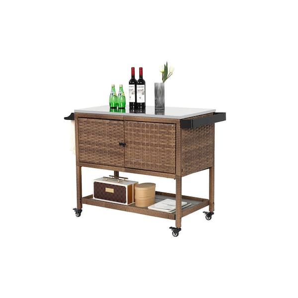 Unbranded Outdoor Rolling Wicker Serving Cart, Patio Kitchen Island with Stainless Steel Table Top and Handle in Brown