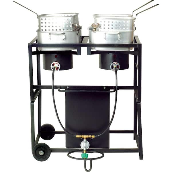 King Kooker 54,000 BTU Propane Gas Dual Burner Outdoor Frying Cart with Two Frying Pans