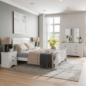 5-Piece Burkhart White Wood King Bedroom Set with 2-Nightstands and Dresser w/Mirror