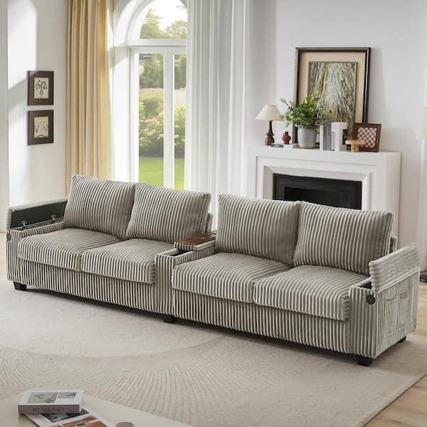 133 in. Square Arm Corduroy Rectangle Sofa in. Brown with USB Ports, Hidden Storage Arms, Flip-Top Cup Holders