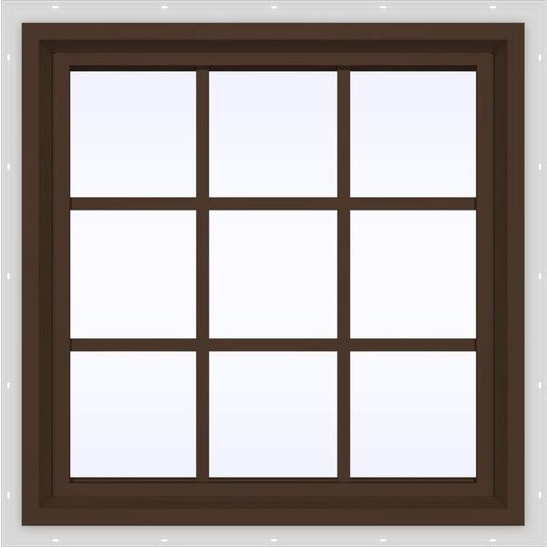 JELD-WEN 29.5 in. x 29.5 in. V-4500 Series Brown Painted Vinyl Fixed Picture Window with Colonial Grids/Grilles