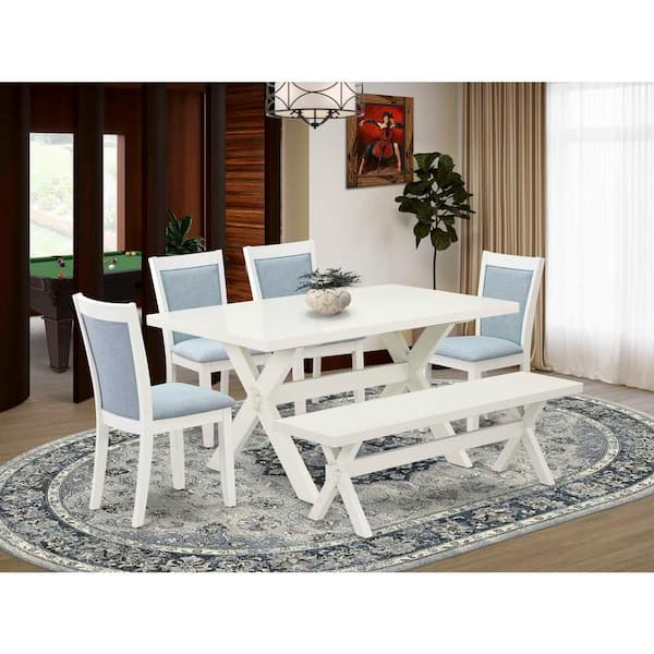 East West Furniture 6-Piece Rectangle Wire Brushed Linen White Finish Solid Wood Top Dining Table with 1-Bench, 4-Chairs with Lattice Back