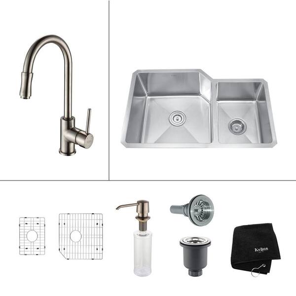 KRAUS All-in-One Undermount Stainless Steel 32 in. Double Basin Kitchen Sink with Faucet and Accessories in Satin Nickel