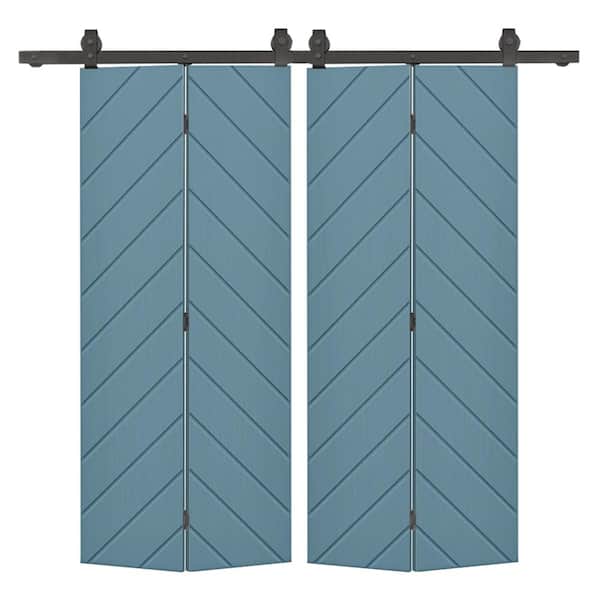 CALHOME Herringbone 40 in. x 80 in. Dignity Blue Painted MDF Modern Bi-Fold Double Barn Door with Sliding Hardware Kit