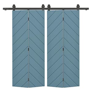 Herringbone 48 in. x 80 in. Dignity Blue Painted MDF Modern Bi-Fold Double Barn Door with Sliding Hardware Kit