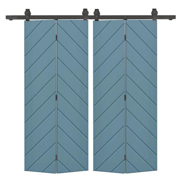 CALHOME Herringbone 52 in. x 80 in. Dignity Blue Painted MDF Modern Bi-Fold Double Barn Door with Sliding Hardware Kit