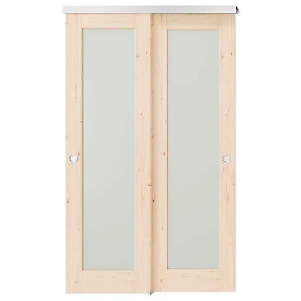 TENONER 48 in. x 80 in. Light Brown, Solid Core MDF Painted Double Full Lite Frosted Glass Panel Bypass Sliding Door w/ Hardware