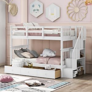 White Twin Over Twin Bunk Bed with 3-Drawers and Storage Stairway