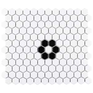 Metro Hex Glossy White w/ Single Flower 10-1/4 in. x 11-7/8 in.x6 mm Porcelain Mosaic Floor and Wall (8.60 sq. ft./Case)