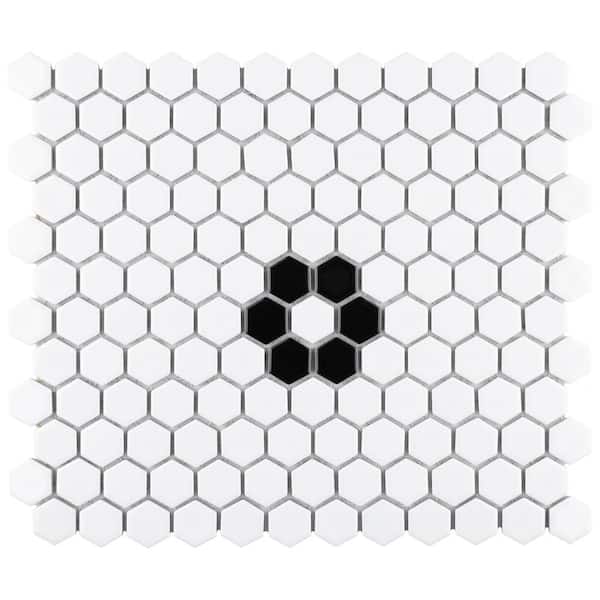 Merola Tile Metro 1 in. Hex Glossy White with Single Flower 10-1/4 in. x 11-7/8 in. Porcelain Mosaic Tile (8.6 sq. ft./Case)