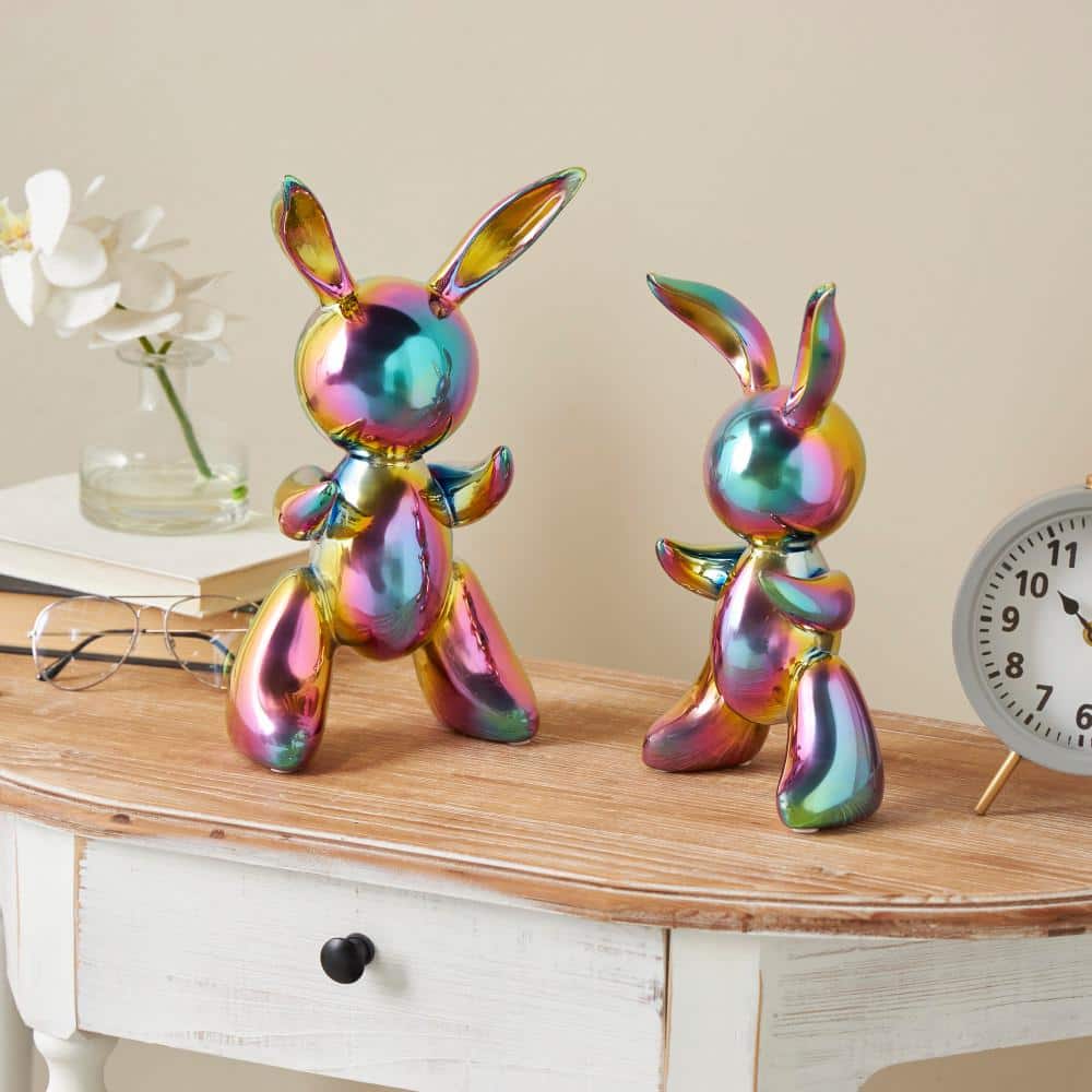 Multi-colored Ceramic Abstract Balloon Inspired Rabbit Sculpture with Rainbow Shimmer Finish (Set of 2) price history on PriceWatchPro