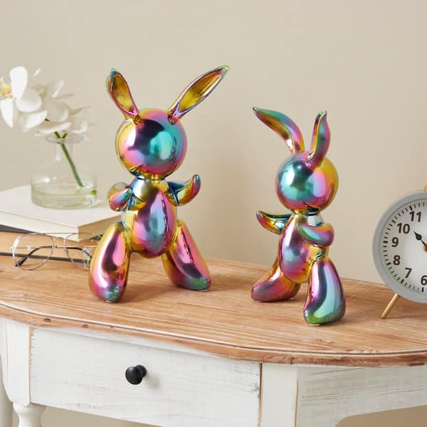 Litton Lane Multi-colored Ceramic Abstract Balloon Inspired Rabbit Sculpture with Rainbow Shimmer Finish (Set of 2)