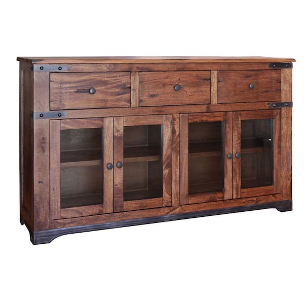 Benjara Brown and Black Wood Top 70.75 in. Sideboard with 4 Glass-Doors