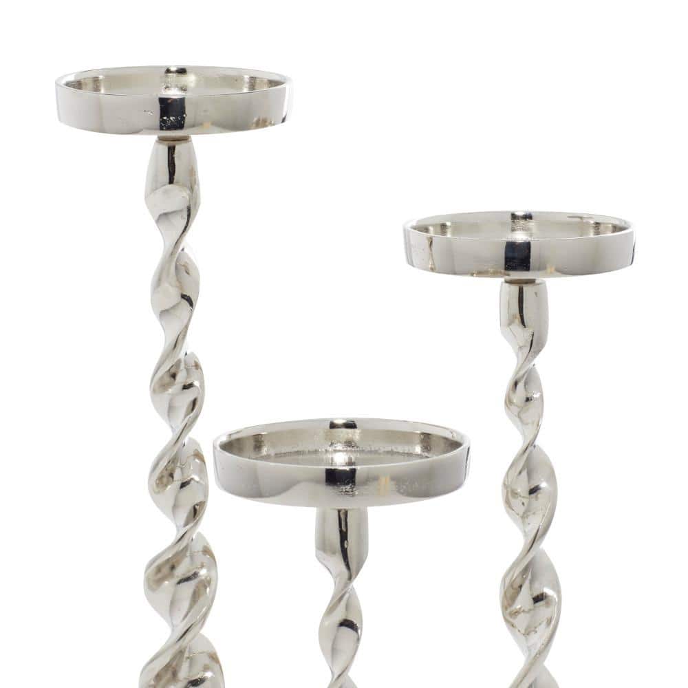 Silver Polished Aluminum Pillar Candlestick Set of Three