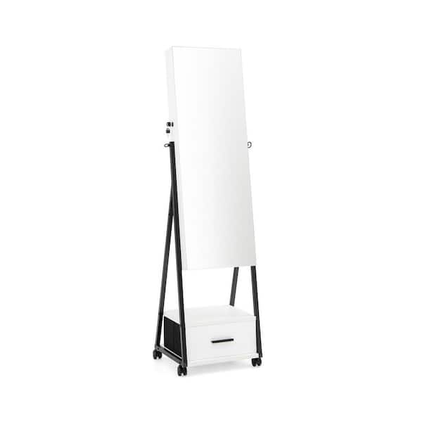 White Jewelry Cabinet Armoire Full Length Mirror Lockable with Bottom Drawer and Wheels