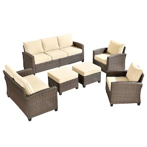 Solidago Brown 6-Piece Wicker Outdoor Patio Conversation Seating Set with Beige Cushions