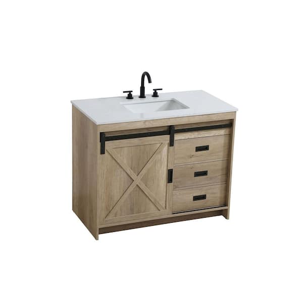42 in. Single Sink Natural Oak Bath Vanity with White Engineered Marble Top