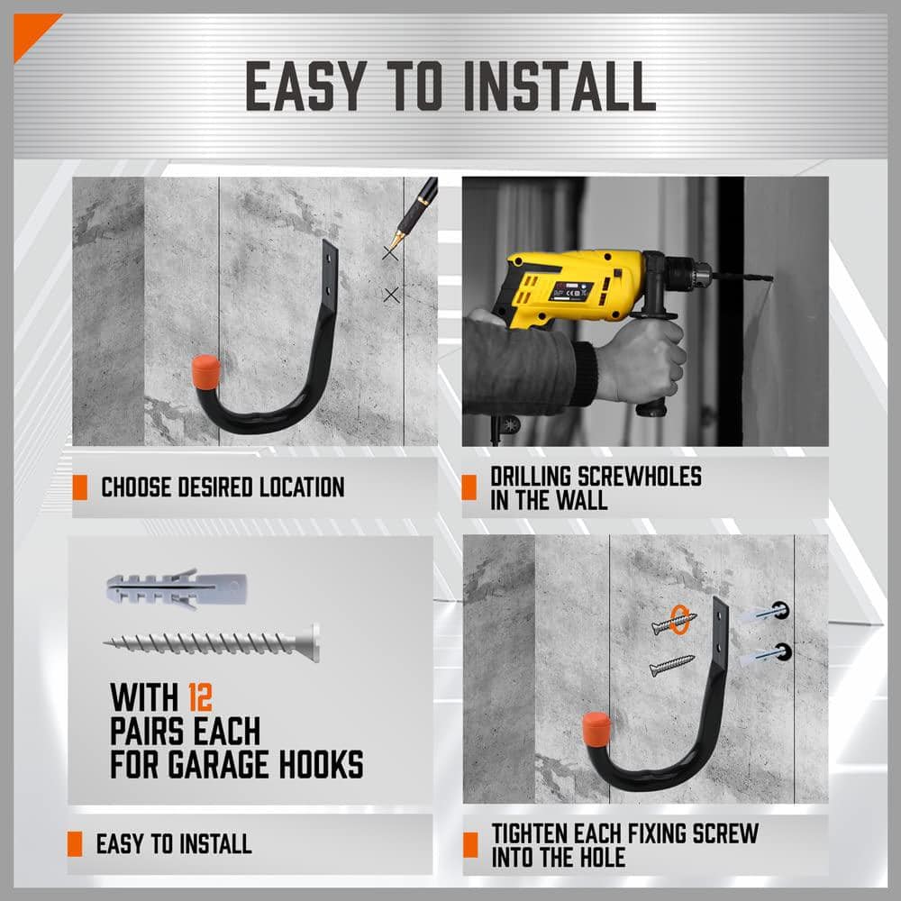 6 Pack Heavy Duty Black Metal Garage Hooks with Rubber Tips