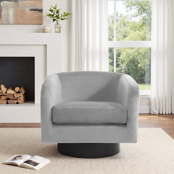 Gray Velvet Upholstered 360° Swivel Arm Barrel Chair With Wood Base(Set of 1)