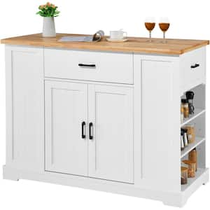 46 in. Kitchen Cart, Natural Wood Top Breakfast Bar with Adjustable Shelf and Drawer, Dining Table, White