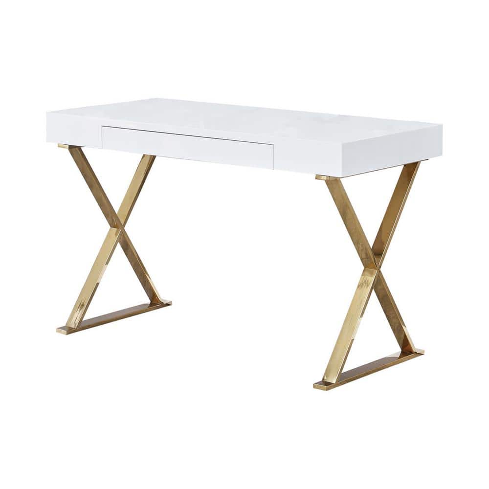 White Poplar Wood Writing Desk with Drawer and Gold Legs