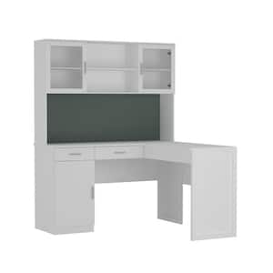 55.1 in. Width L-Shape White Wooden 2-Drawer Writing Desk, Computer Desk with Lifted Tabletop and 8-Shelf
