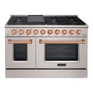 48 in. 8-Burners Freestanding Gas Range with Double Oven Convection Fan Cast Iron Grates in Stainless Steel with Copper