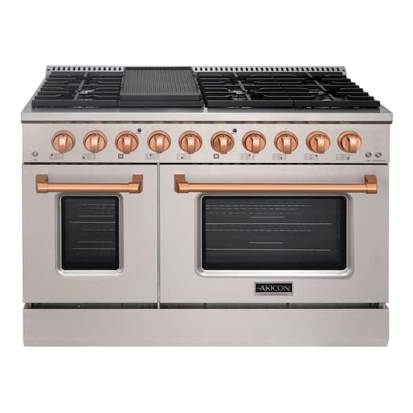 Akicon 48 in. 8-Burners Freestanding Gas Range with Double Oven Convection Fan Cast Iron Grates in Stainless Steel with Copper