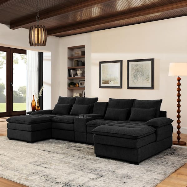 Martina 130 in. Fabric U-Shaped Sectional Sofa in Black with Console, Cup Holders