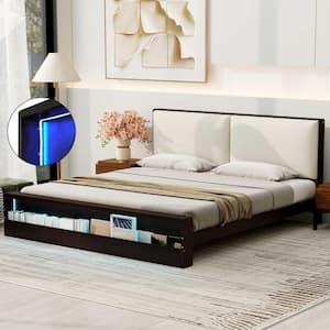 Espresso Brown Wood Frame King Size Platform Bed with Upholstered Headboard, Bookshelf with LED Light in Footboard