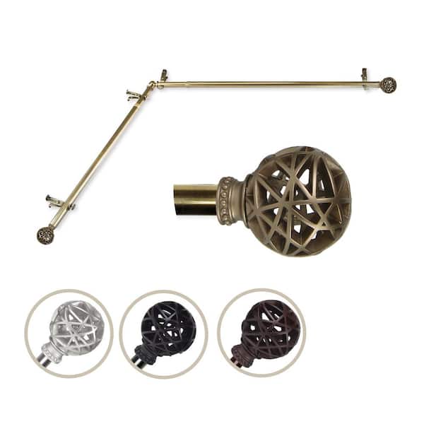 EMOH 13/16" Dia Adjustable Corner Window Single Curtain Rod 66 to 120" (each side) in Antique Brass with London Finials