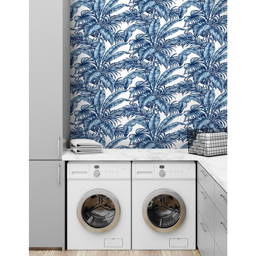 Marine Blue Tropical Palm Vinyl Peel and Stick Wallpaper
