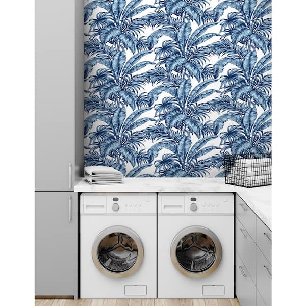 30.75 sq. ft. Marine Blue Palm Jungle Vinyl Peel and Stick Wallpaper Roll