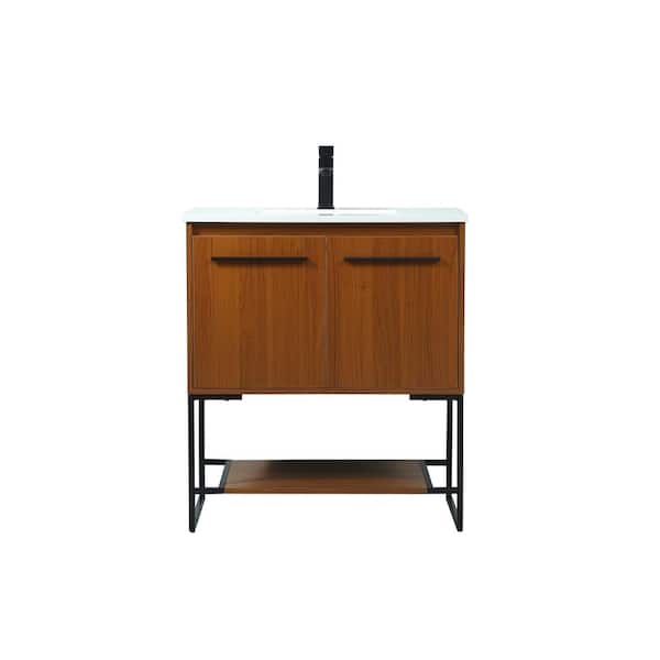 Unbranded Timeless Home 30 in. W Single Bath Vanity in Teak with Engineered Stone Vanity Top in Ivory with White Basin