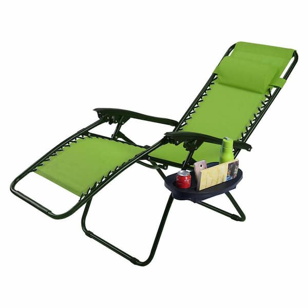 ANGELES HOME Folding Metal Zero Gravity Reclining Outdoor Lounge Chair with Cup Holder Tray and Headrest in Green