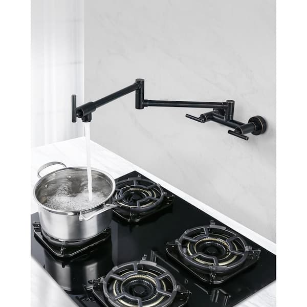 Wall Mounted Brass Pot Filler Folding Faucet with Double Joint Swing Arms and Hot Cold Water in Oil Rubbed Bronze