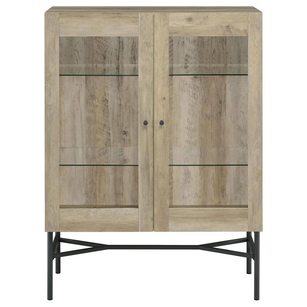 Light Brown Pine 2-Door Glass Display Cabinet