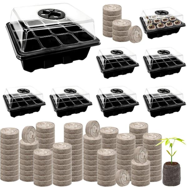 Indoor Outdoor Black 96-Cell Seed Starter Tray with Peat Pellets for Organic Vegetable Flower Plant Germination (8-Pack)
