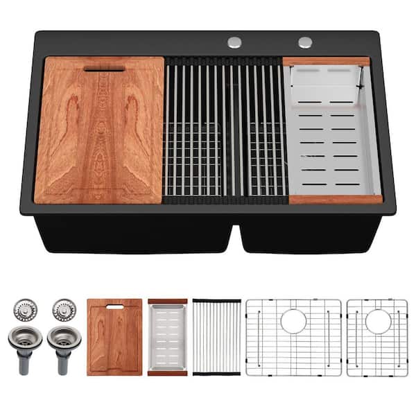 Quartz Composite 33 in. x 22 in. Matte Black Low Divide Double Bowl Drop-In Workstation Kitchen Sink with Accessories