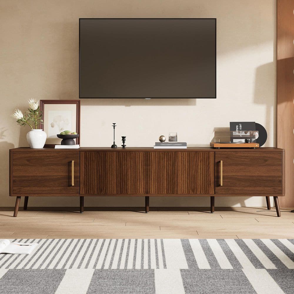78.7 in. Mid-Century Modern Walnut TV Stand Fits TVs up to 85 in. with 4 Storage Cabinets, Cable Management