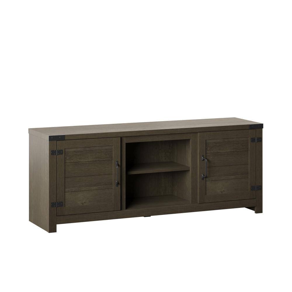 TV Stand for TVs up to 65  with Planked Doors and Nail Head Details in Chico Oak